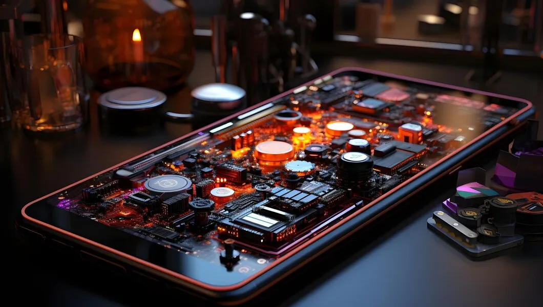 A network patch panel where one glowing orange cable is routed out among rows of identical black ones
