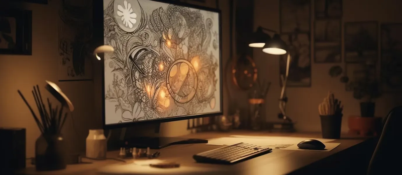 A dark architectural blueprint with one block of the plan traced in orange, a pen and dividers lying beside it