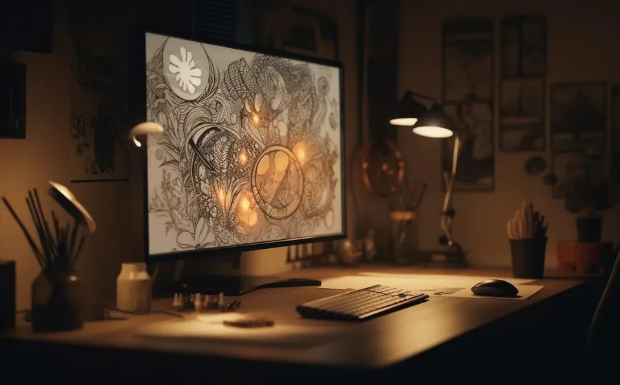 A dark architectural blueprint with one block of the plan traced in orange, a pen and dividers lying beside it